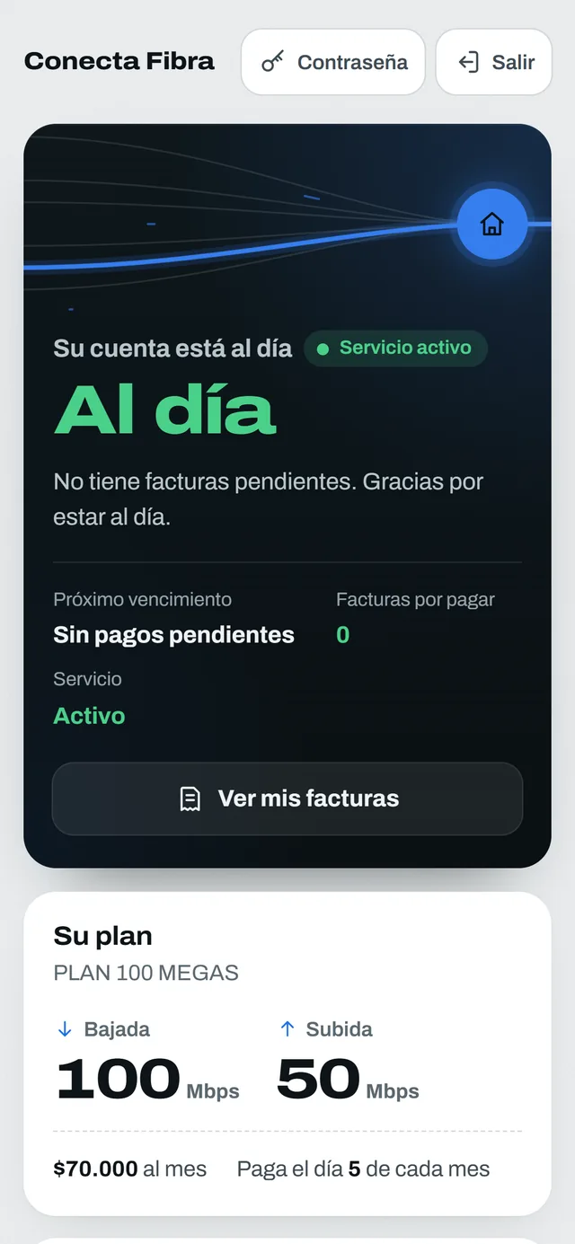 Portal del cliente: cuenta al día, servicio activo, sin facturas pendientes y plan de 100 megas por $70.000 al mes.