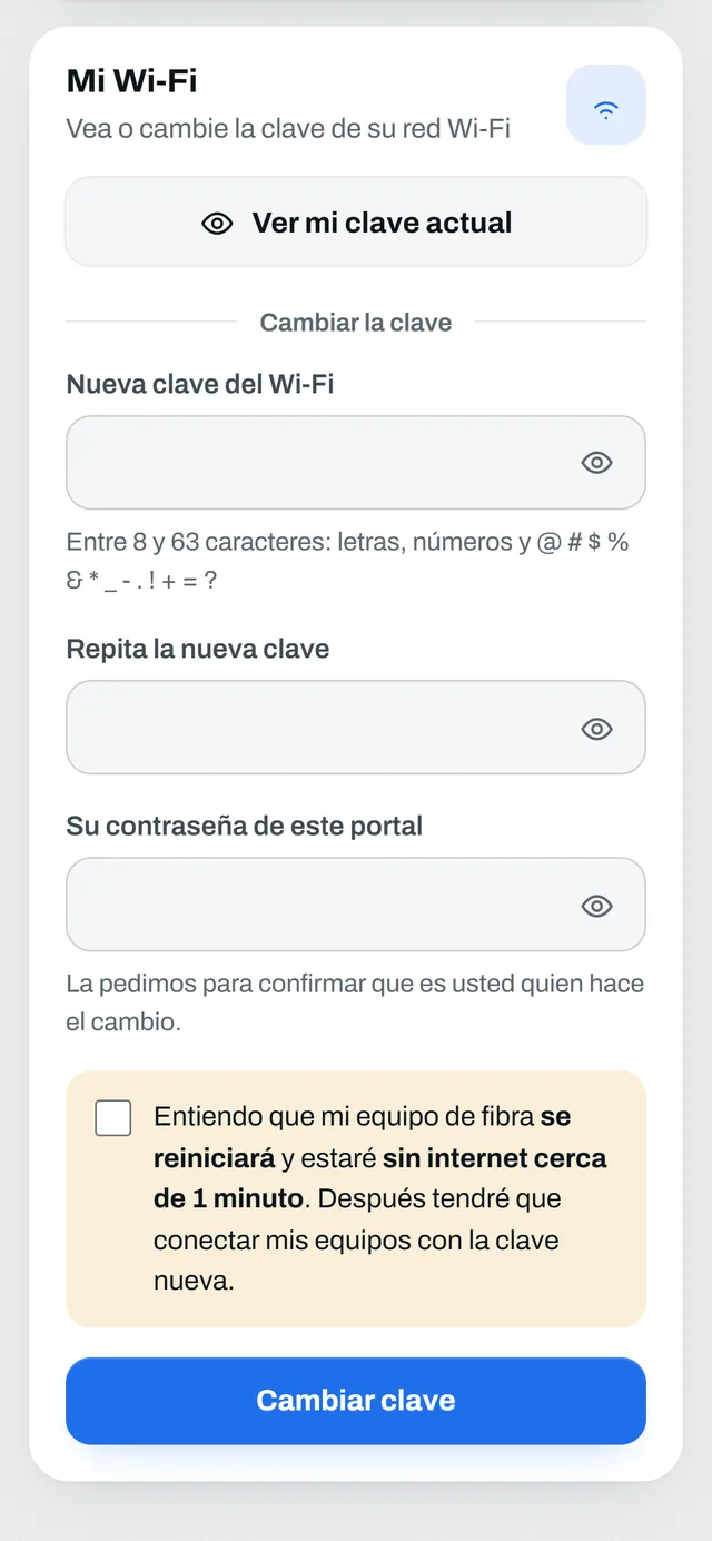 Portal del cliente: Mi Wi-Fi, con el botón para ver la clave actual y el formulario para cambiarla.